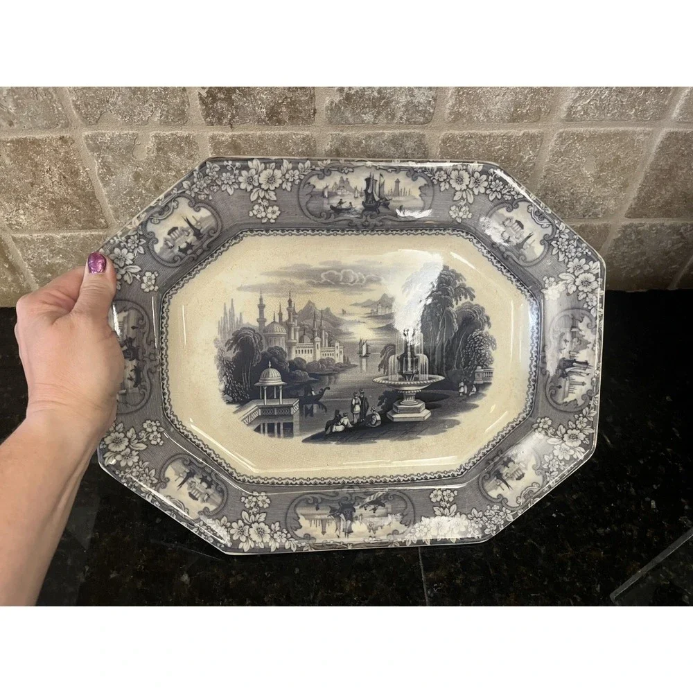 Antique 1840's Staffordshire J E & Co Medina Rare‎ Navy Blue Ironstone Platter